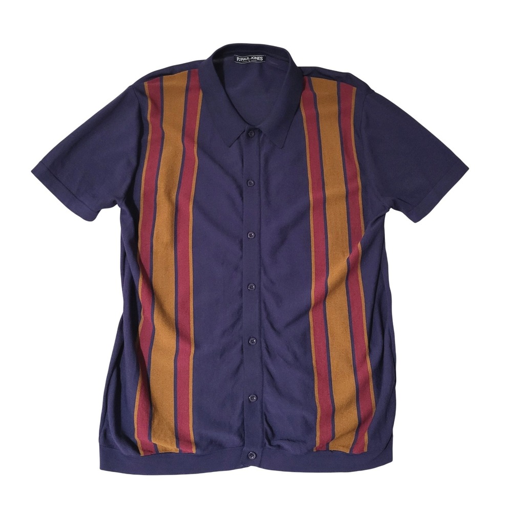 Vintage PJ Paul Jones Mens L Blue Knit Button Down Shirt Striped Short Sleeve
